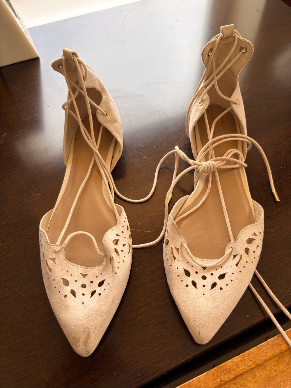 Aldo Women's Lace-Up Pointed Flats in Beige - Unbranded